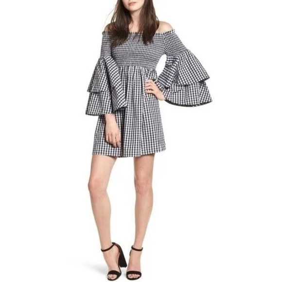 BP Smocked Off The Shoulder Bell Sleeve Lexi Black White Gingham Mini Dress - Picture 1 of 5